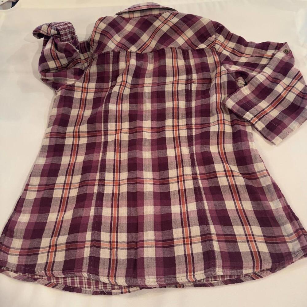 Women Plaid 100% Cotton Shirt Size M Burgundy Beige Country Style Elastic Waist